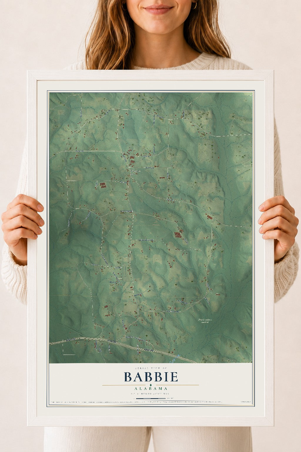 Map of Babbie, Alabama, 18 x 24 inch print in a white wood frame