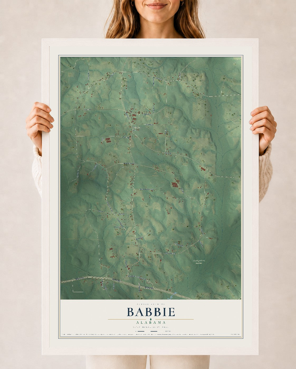 Map of Babbie, Alabama, 24 x 36 inch print in a white wood frame