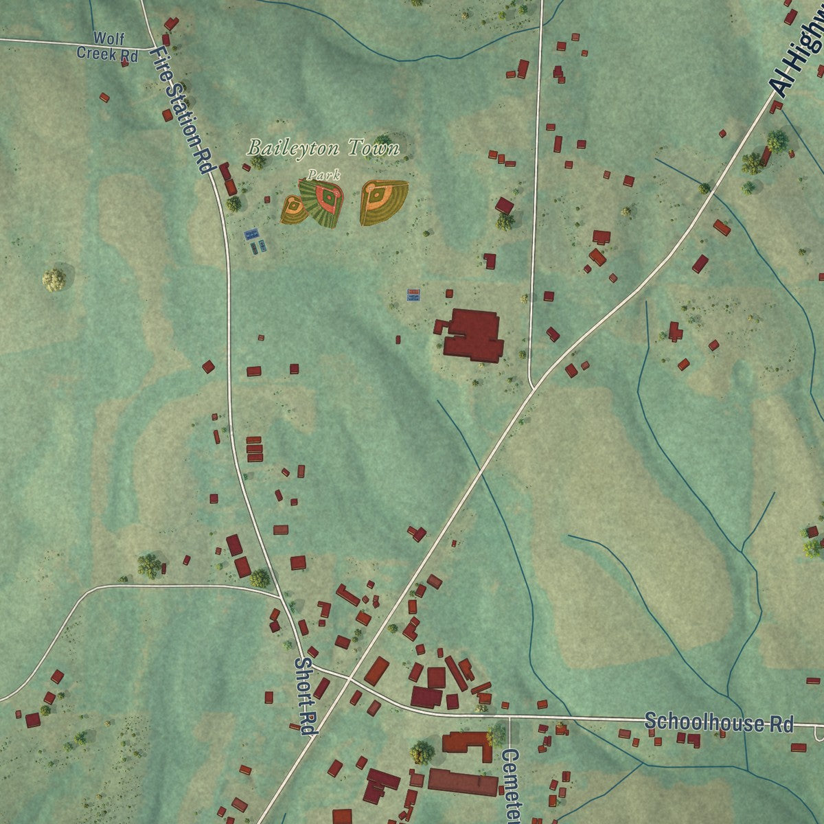 Close-up of the map of Baileyton, Alabama print showing street and building detail