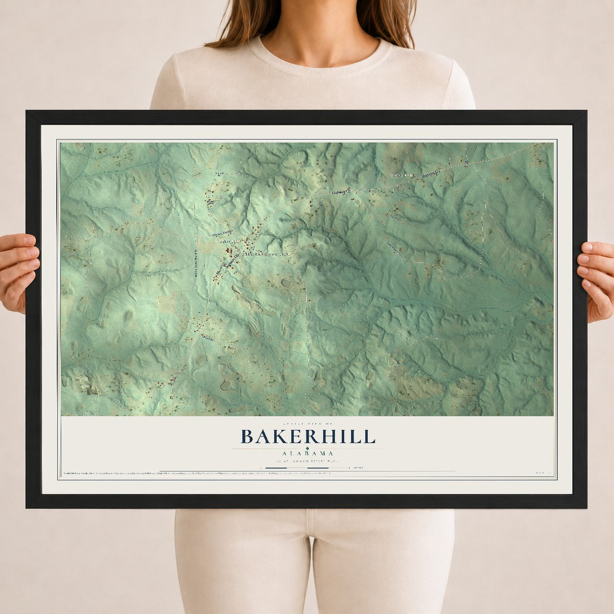 Map of Bakerhill, Alabama, 18 x 24 inch print in a black wood frame