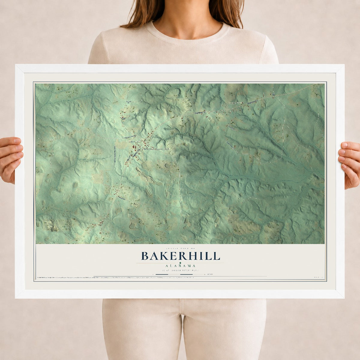 Map of Bakerhill, Alabama, 18 x 24 inch print in a white wood frame
