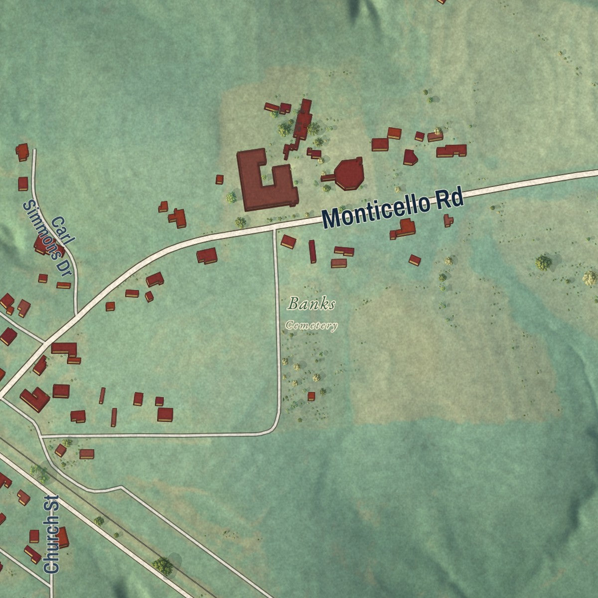 Close-up of the map of Banks, Alabama print showing street and building detail