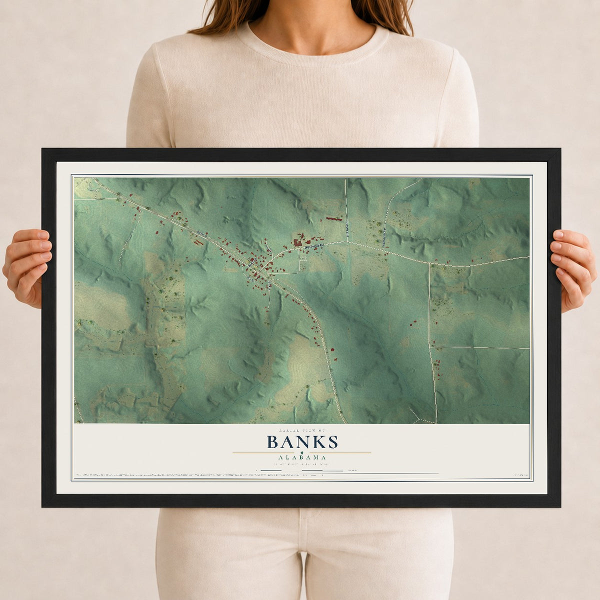 Map of Banks, Alabama, 12 x 18 inch print in a black wood frame