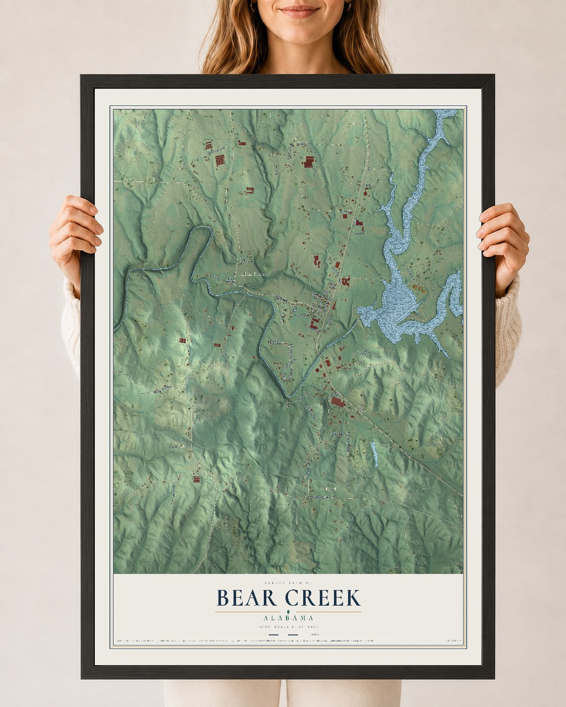 Map of Bear Creek, Alabama, 24 x 36 inch print in a black wood frame