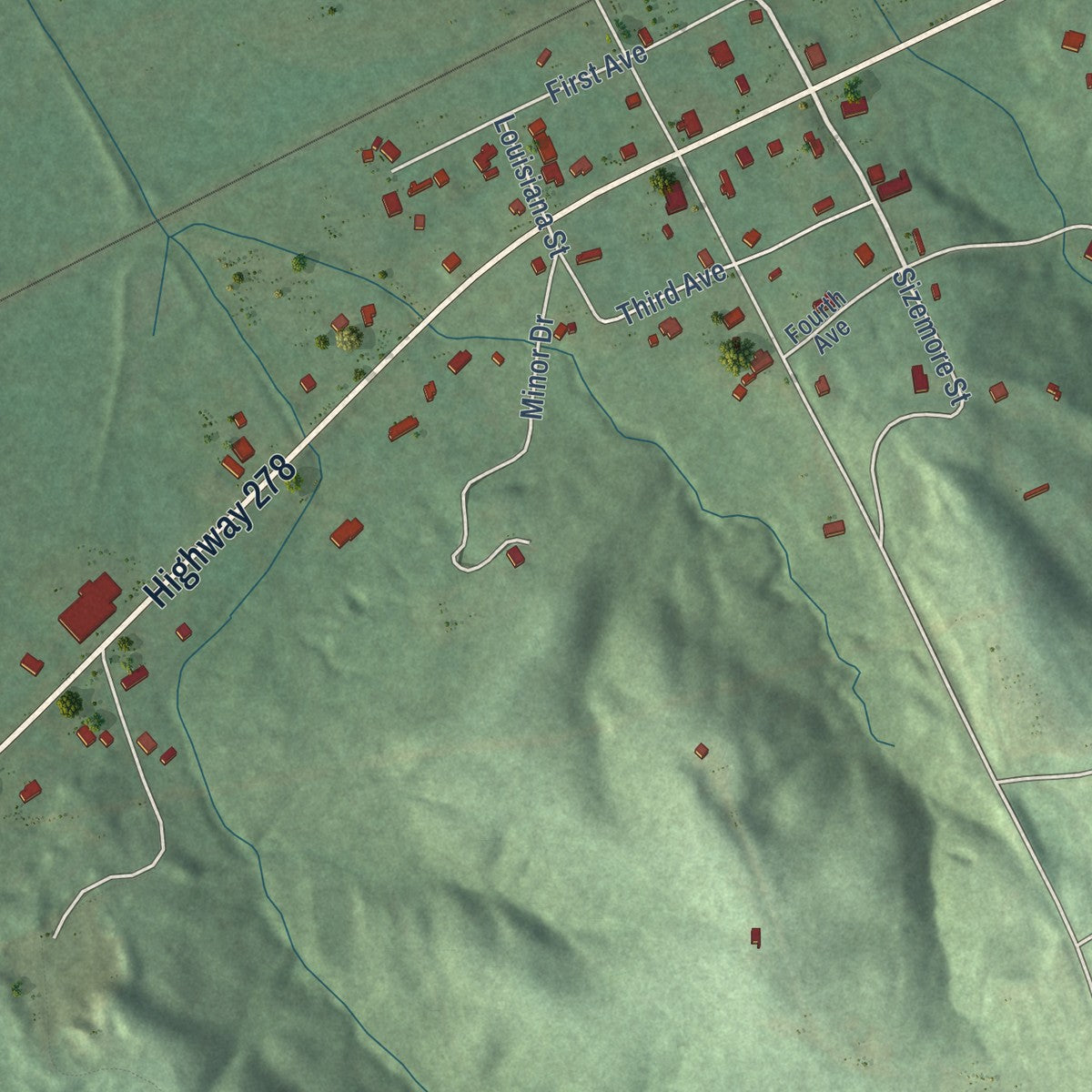 Close-up of the map of Beaverton, Alabama print showing street and building detail