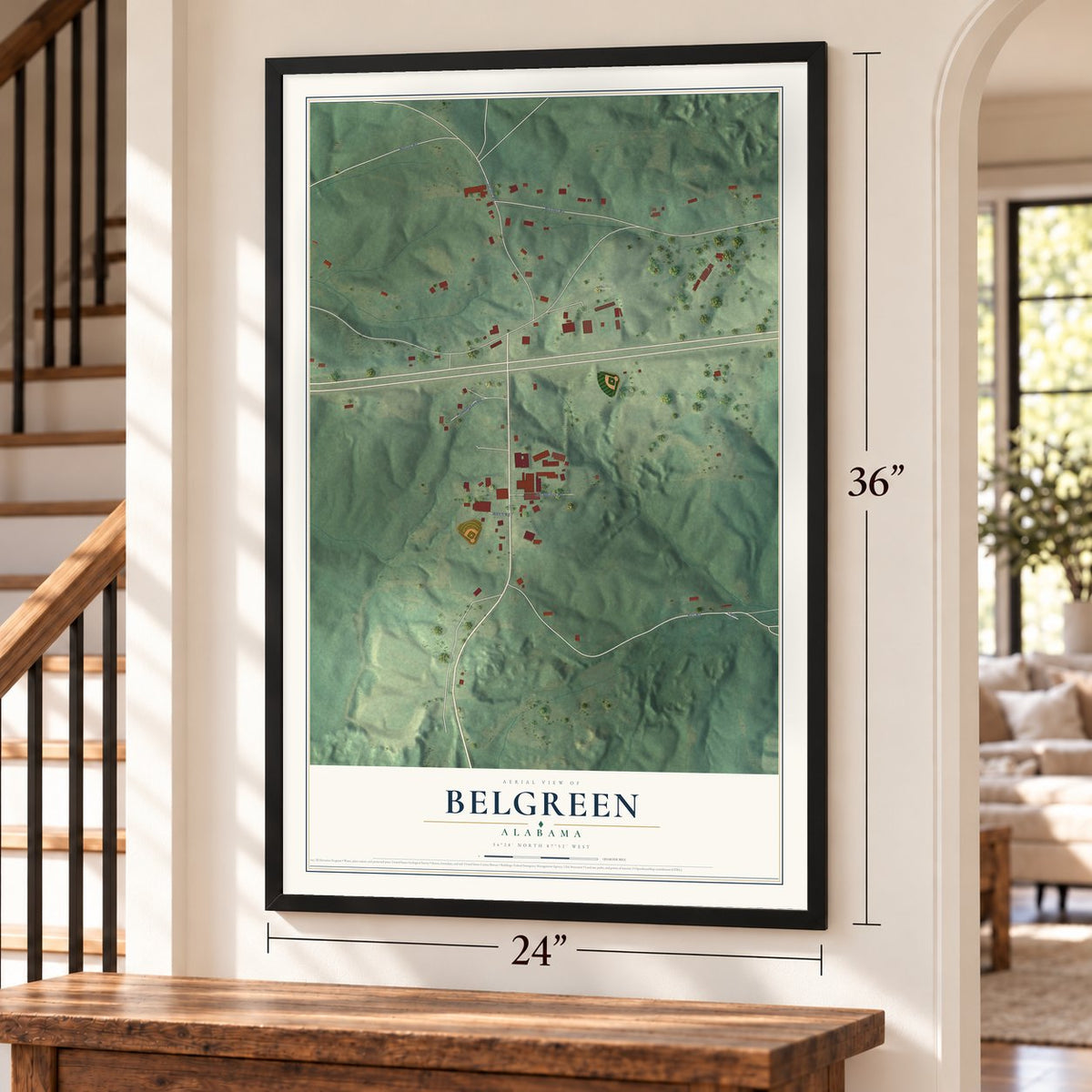 Belgreen, Alabama map, 24 x 36 inch print in a black frame by a staircase