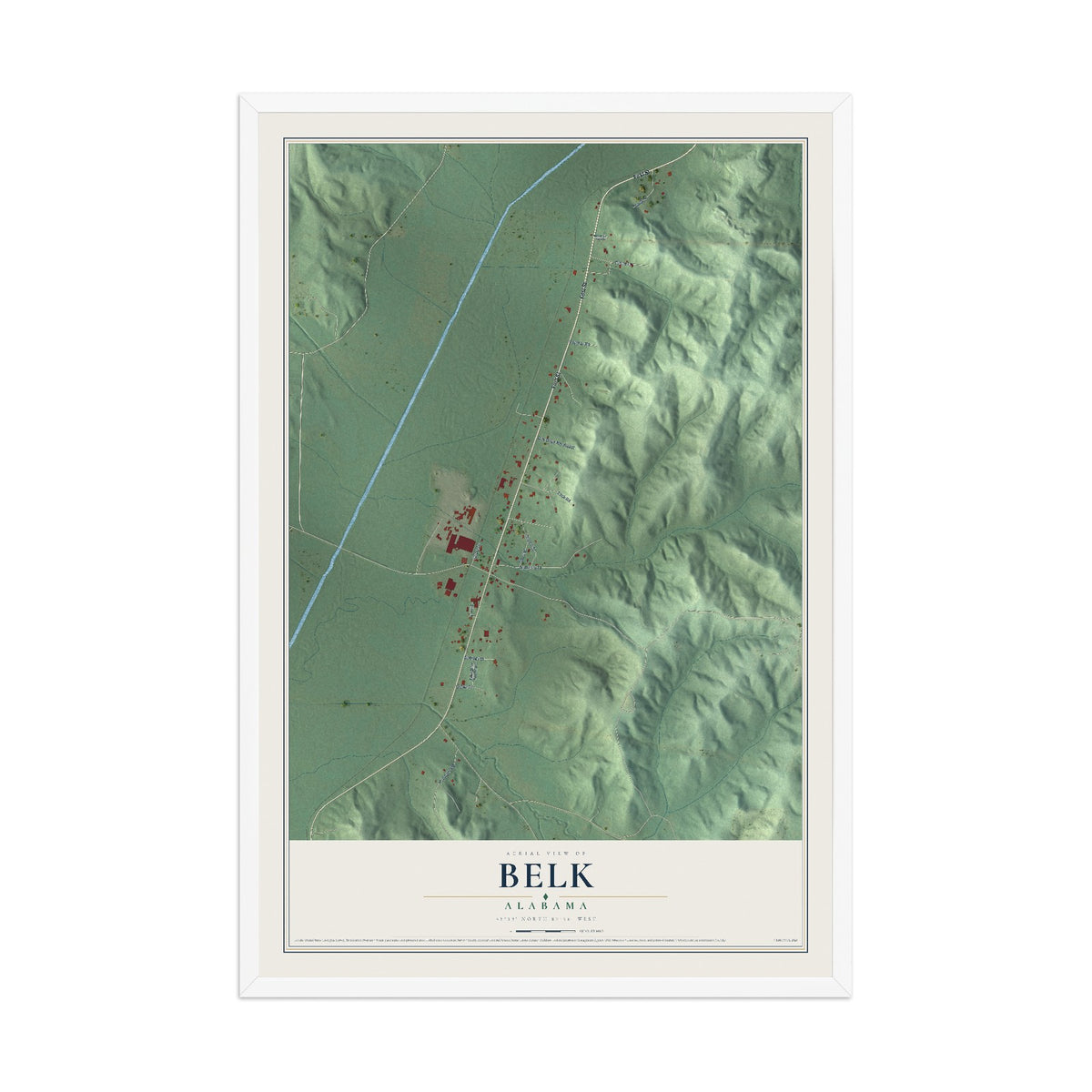 Map of Belk, Alabama, 12 x 18 inch print in a white wood frame