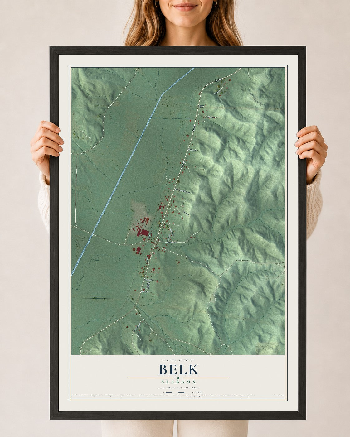 Map of Belk, Alabama, 24 x 36 inch print in a black wood frame