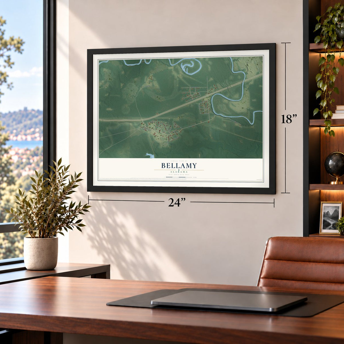 Bellamy, Alabama map, 18 x 24 inch print in a black frame in a home office
