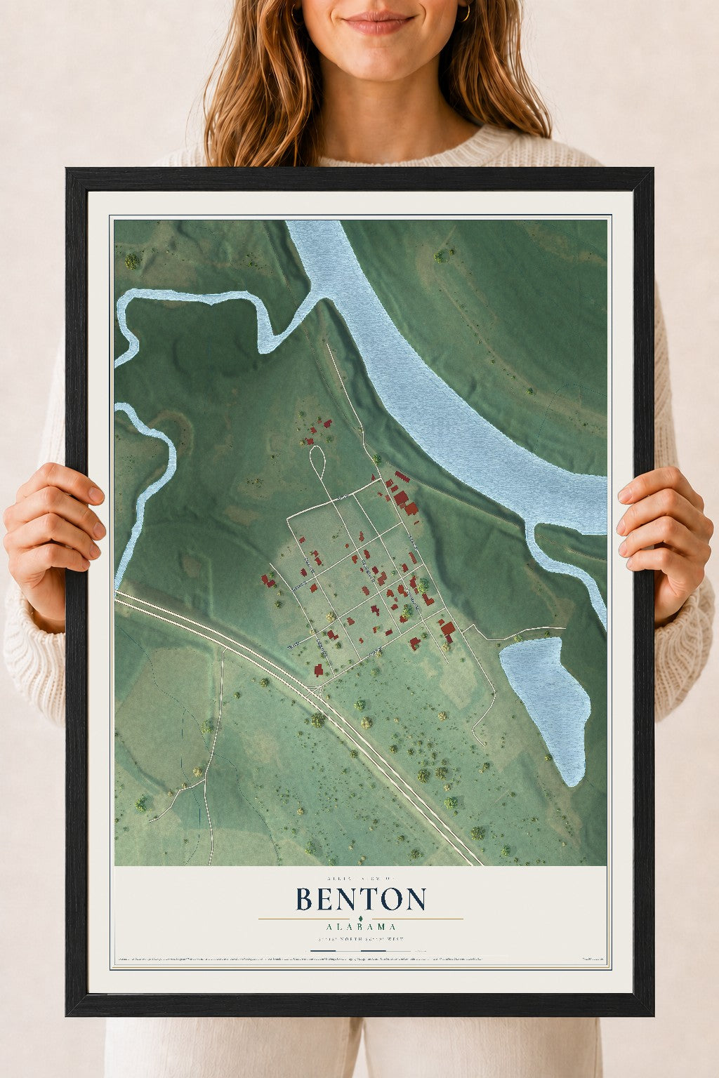 Map of Benton, Alabama, 18 x 24 inch print in a black wood frame