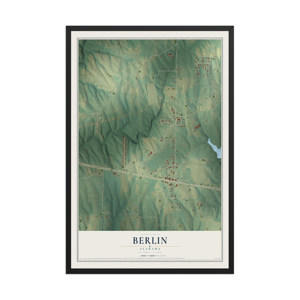 Map of Berlin, Alabama, 12 x 18 inch print in a black wood frame