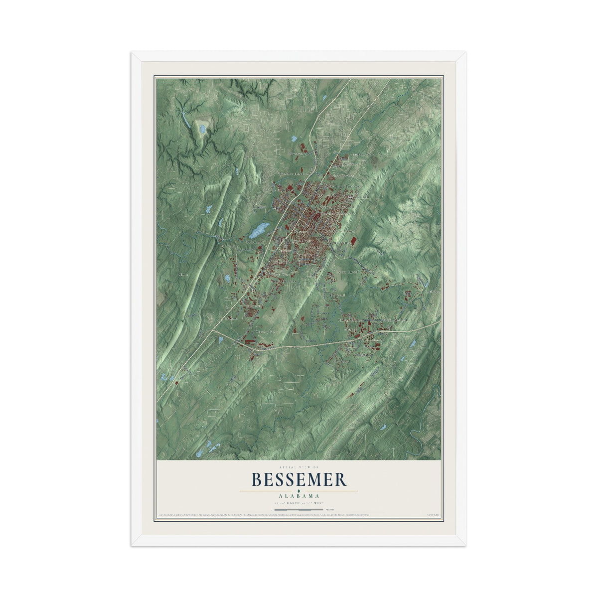 Map of Bessemer, Alabama, 12 x 18 inch print in a white wood frame