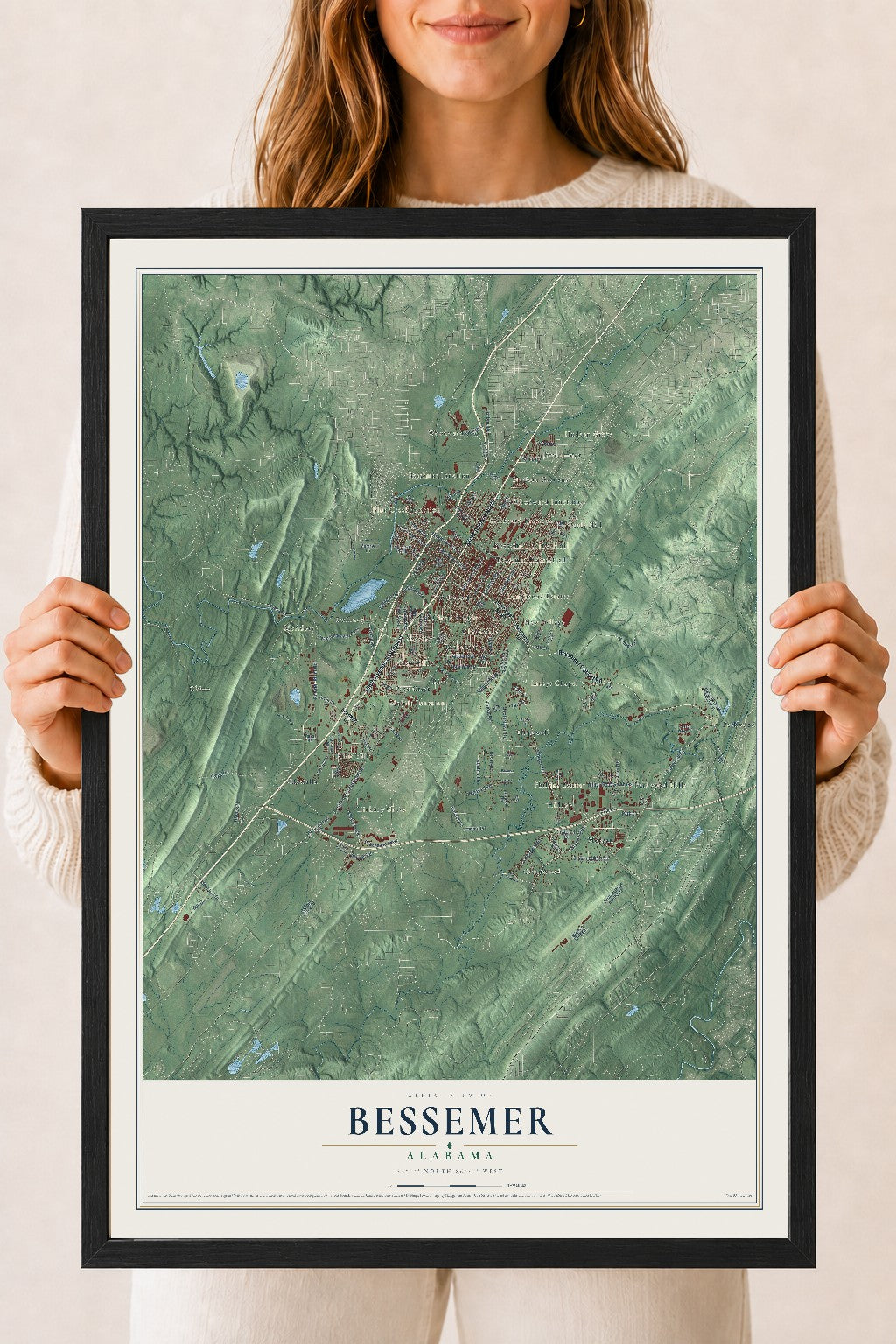 Map of Bessemer, Alabama, 18 x 24 inch print in a black wood frame