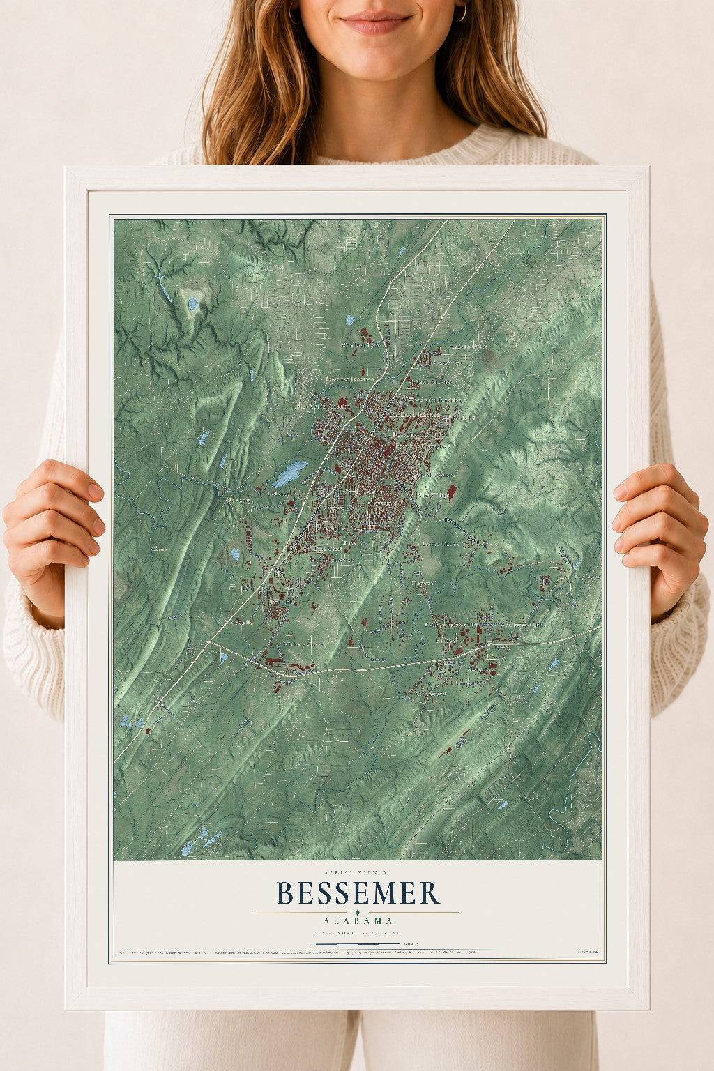 Map of Bessemer, Alabama, 18 x 24 inch print in a white wood frame