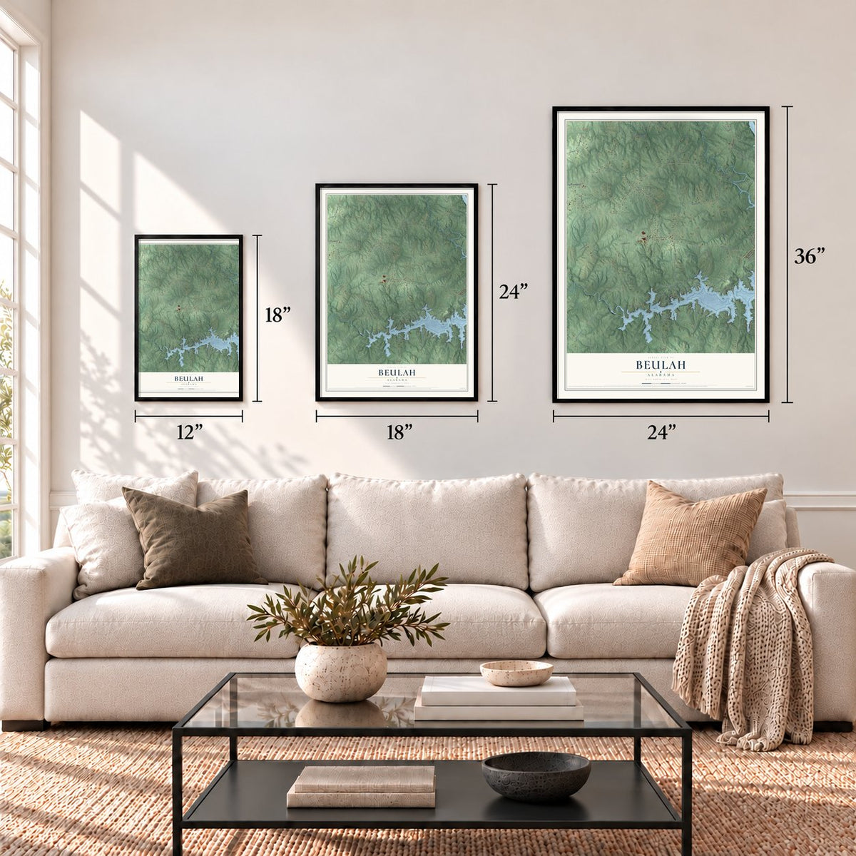 Beulah, Alabama map in 12 x 18, 18 x 24 and 24 x 36 inch sizes above a sofa