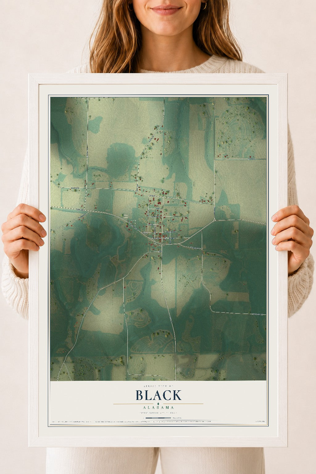 Map of Black, Alabama, 18 x 24 inch print in a white wood frame
