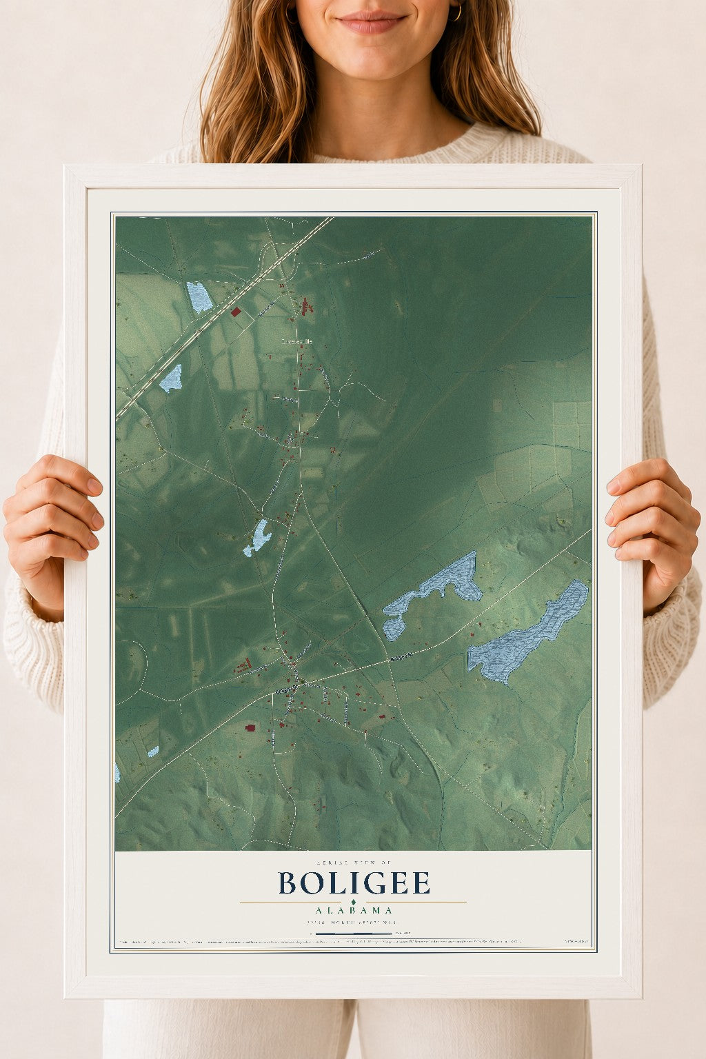Map of Boligee, Alabama, 18 x 24 inch print in a white wood frame