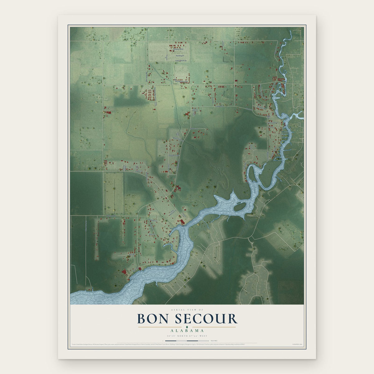 Bon Secour, Alabama map print, the full design