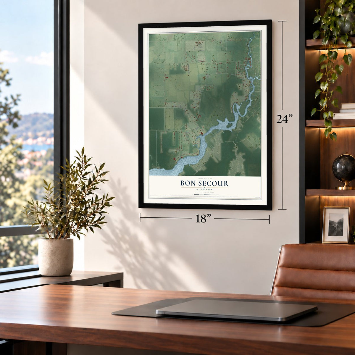 Bon Secour, Alabama map, 18 x 24 inch print in a black frame in a home office