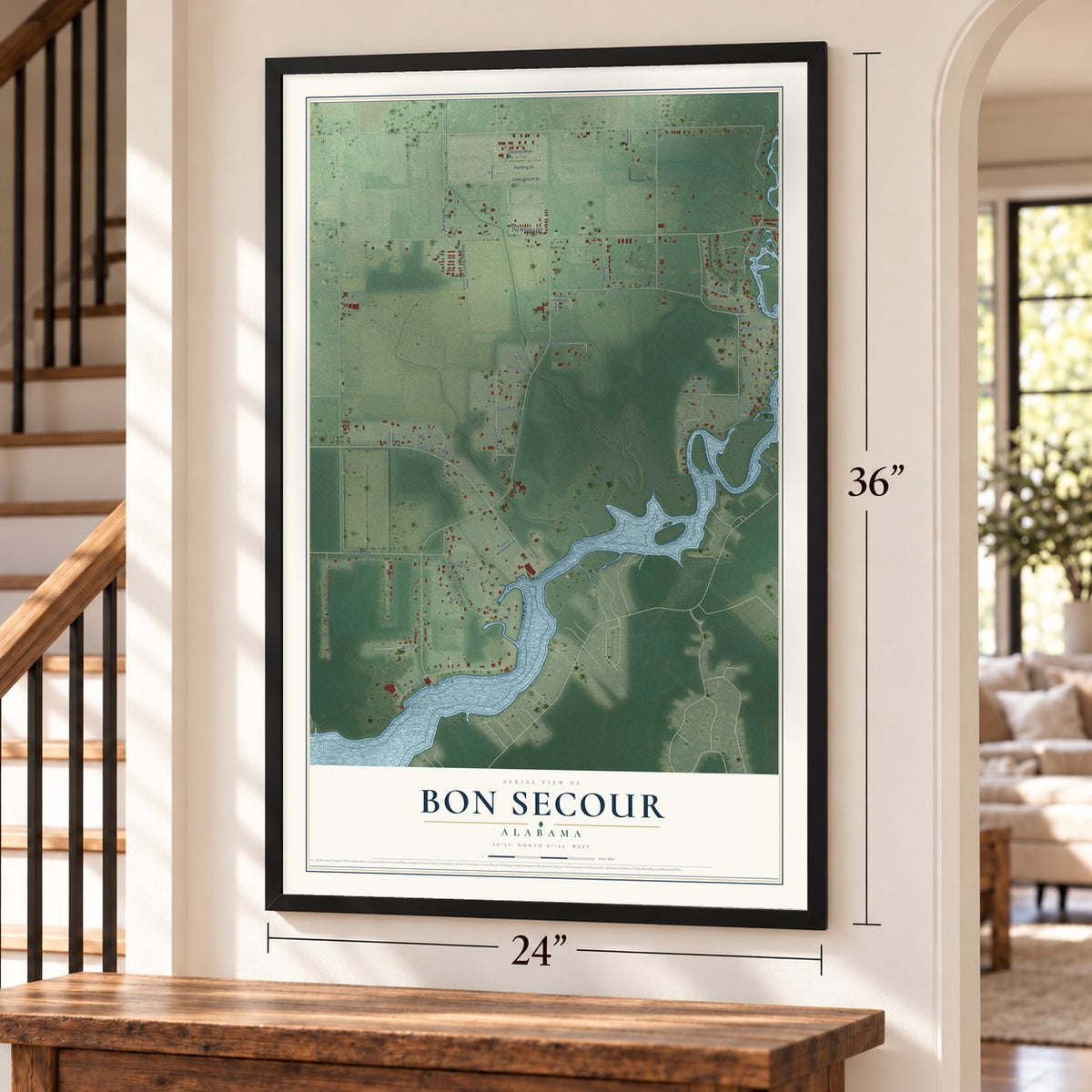 Bon Secour, Alabama map, 24 x 36 inch print in a black frame by a staircase