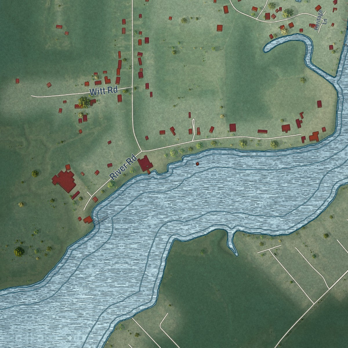 Close-up of the map of Bon Secour, Alabama print showing street and building detail