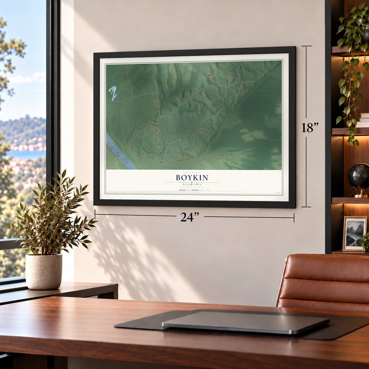 Boykin, Alabama map, 18 x 24 inch print in a black frame in a home office