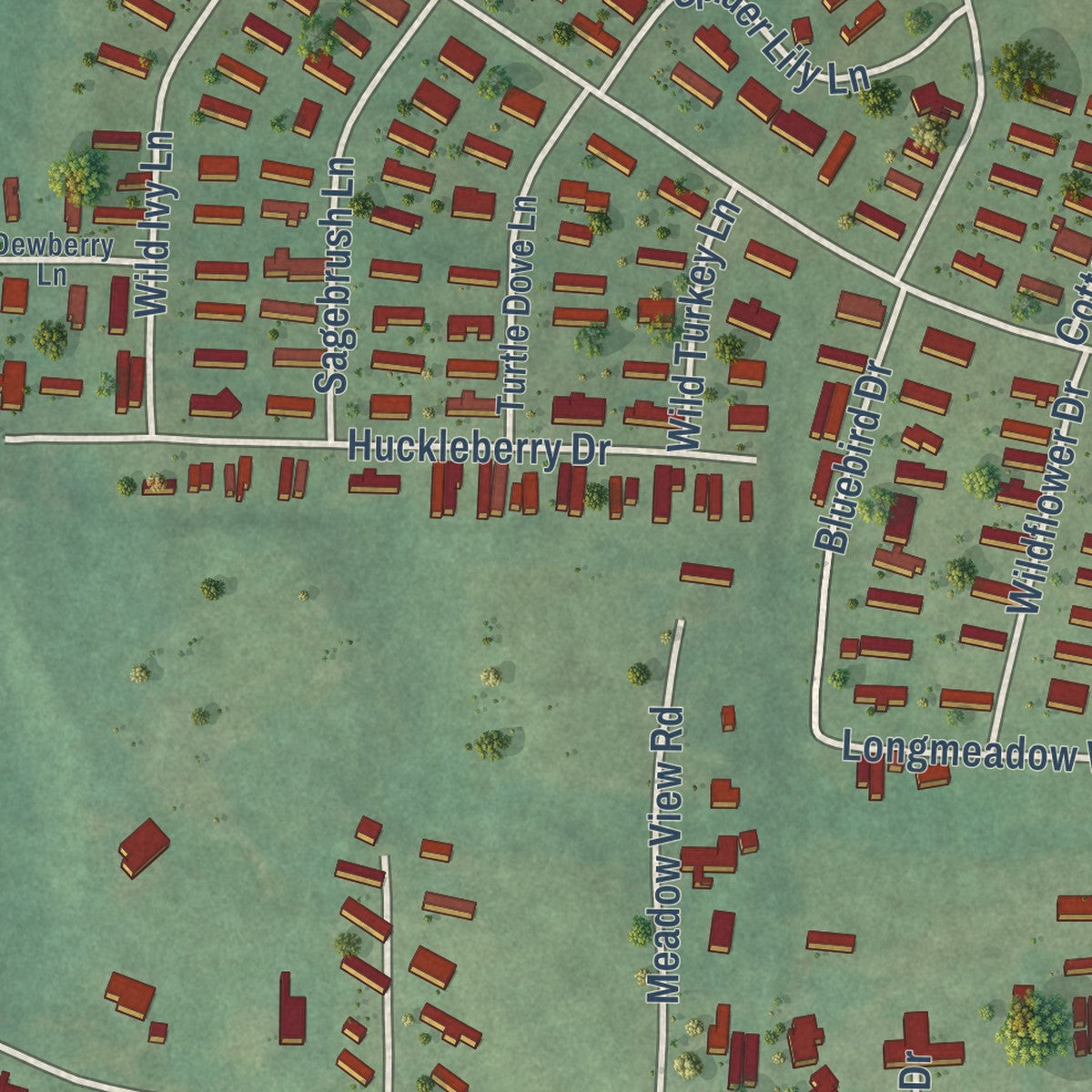 Close-up of the map of Brantleyville, Alabama print showing street and building detail