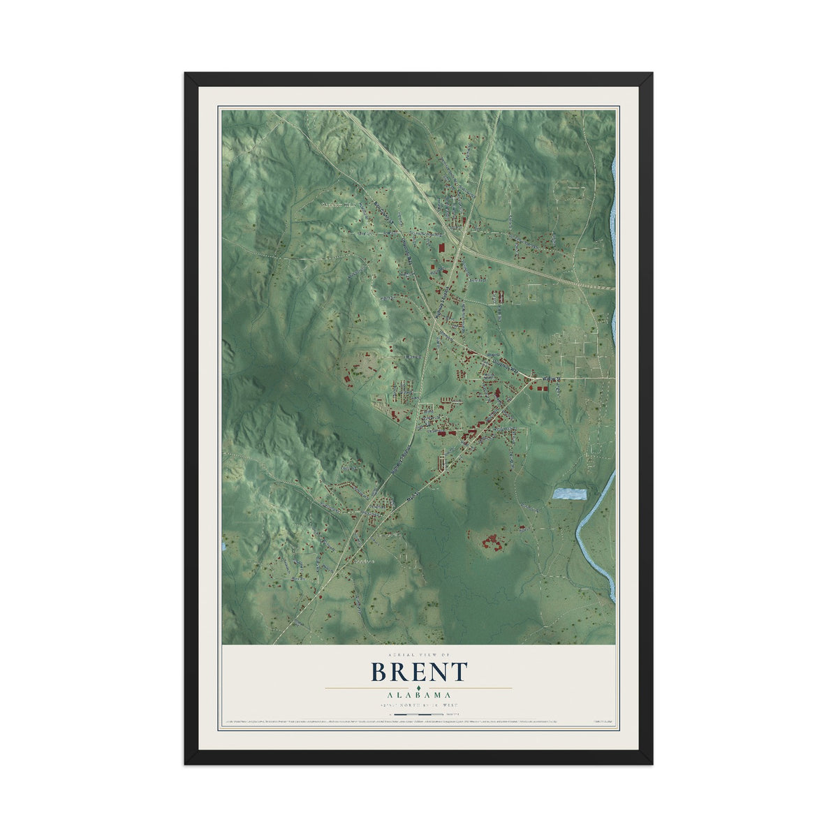 Map of Brent, Alabama, 12 x 18 inch print in a black wood frame