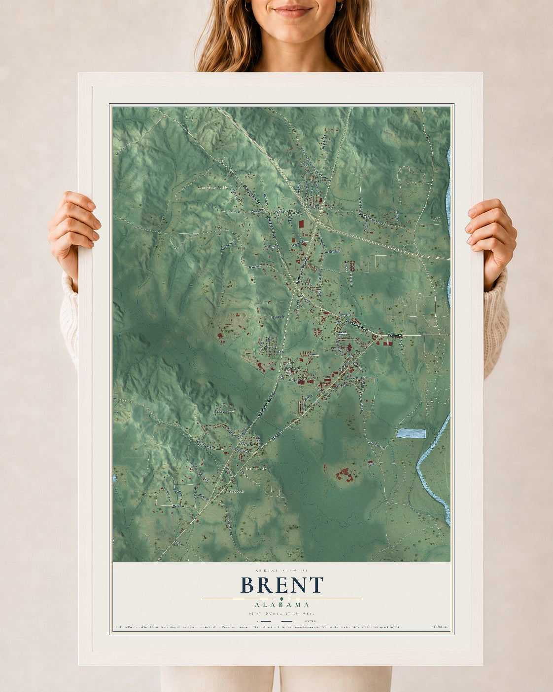 Map of Brent, Alabama, 24 x 36 inch print in a white wood frame