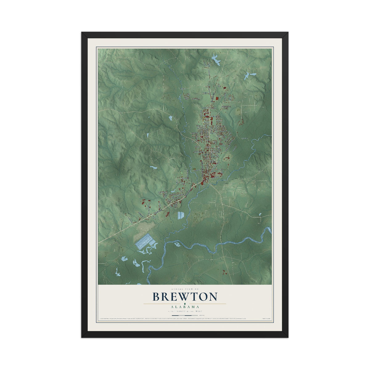 Map of Brewton, Alabama, 12 x 18 inch print in a black wood frame