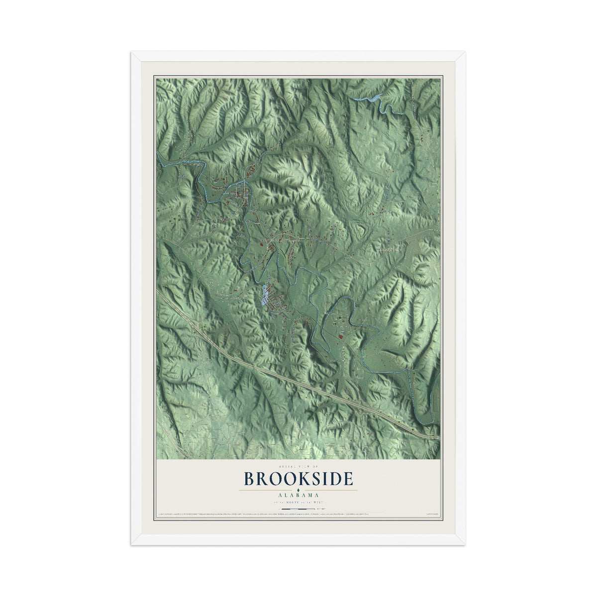 Map of Brookside, Alabama, 12 x 18 inch print in a white wood frame