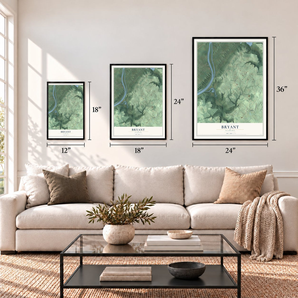 Bryant, Alabama map in 12 x 18, 18 x 24 and 24 x 36 inch sizes above a sofa