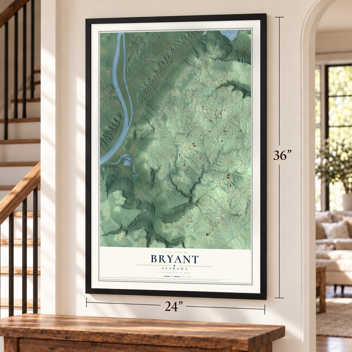 Bryant, Alabama map, 24 x 36 inch print in a black frame by a staircase