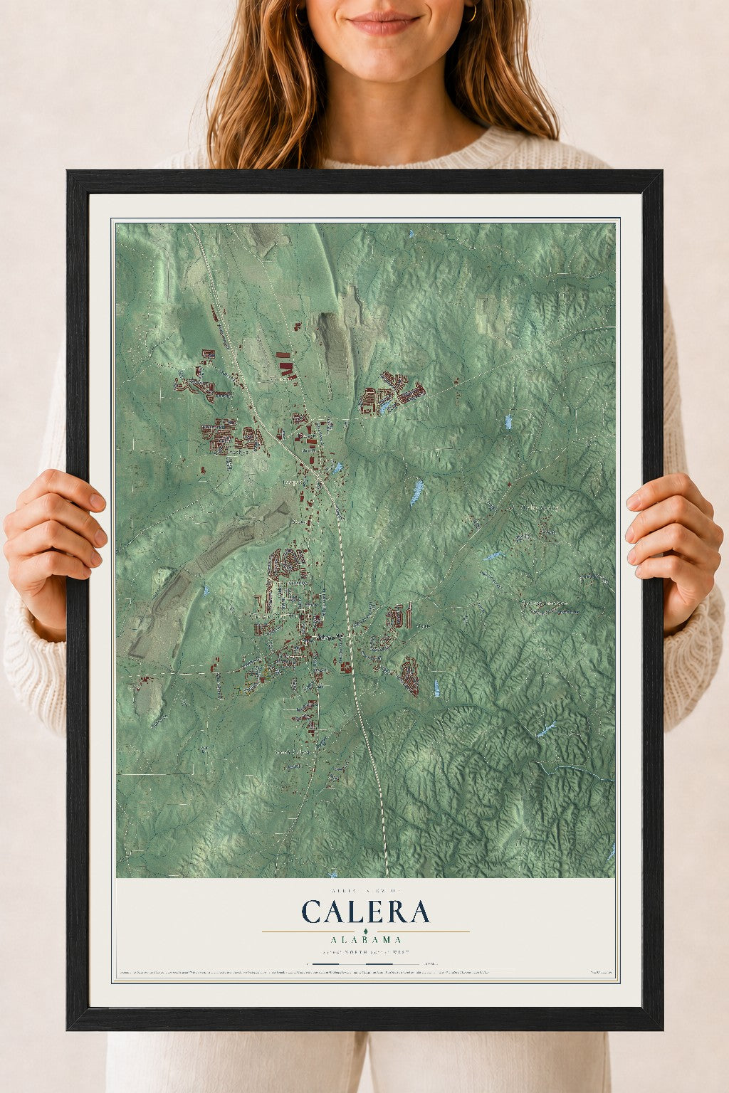 Map of Calera, Alabama, 18 x 24 inch print in a black wood frame