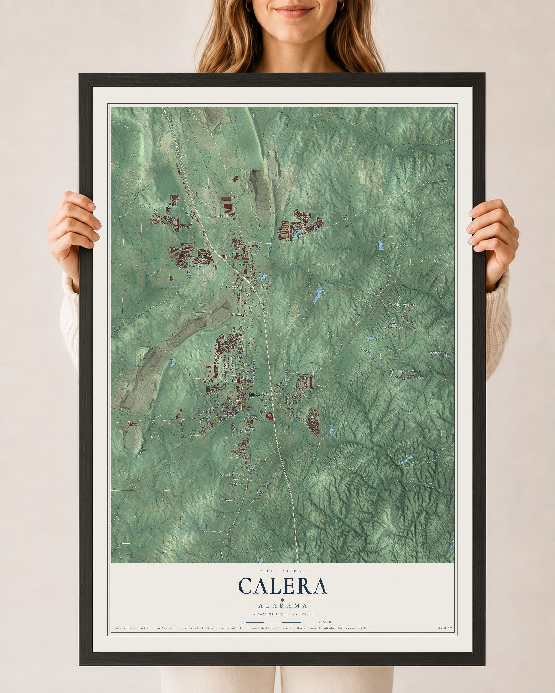 Map of Calera, Alabama, 24 x 36 inch print in a black wood frame