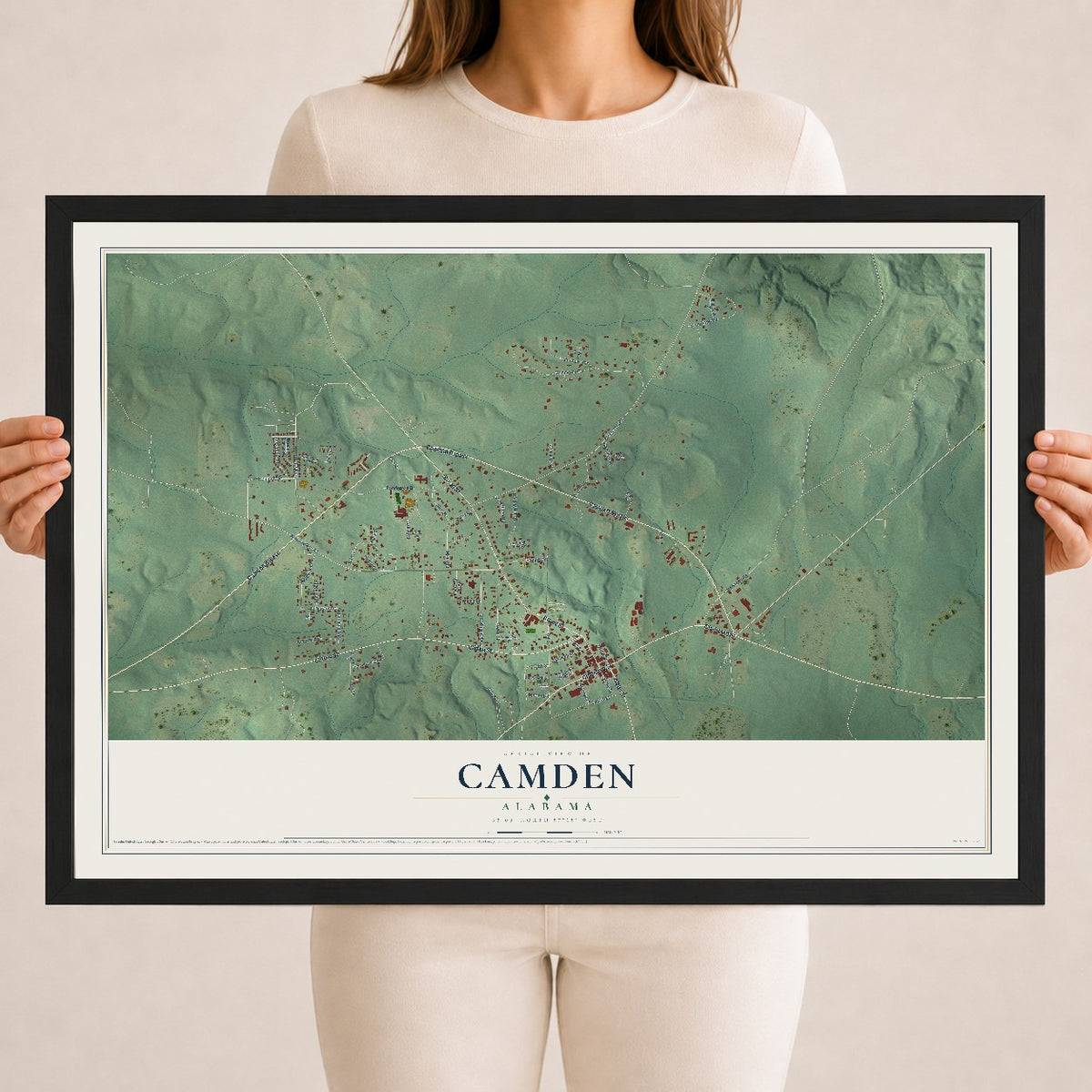 Map of Camden, Alabama, 18 x 24 inch print in a black wood frame