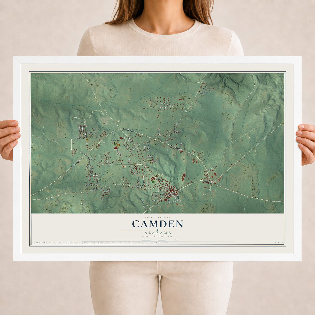 Map of Camden, Alabama, 18 x 24 inch print in a white wood frame