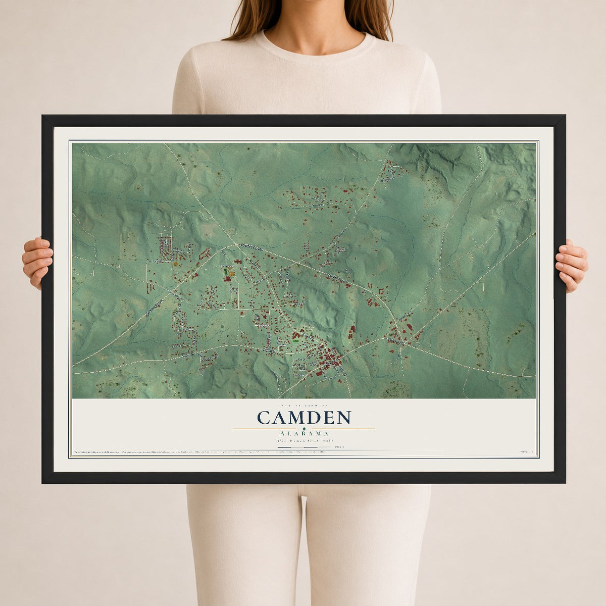 Map of Camden, Alabama, 24 x 36 inch print in a black wood frame