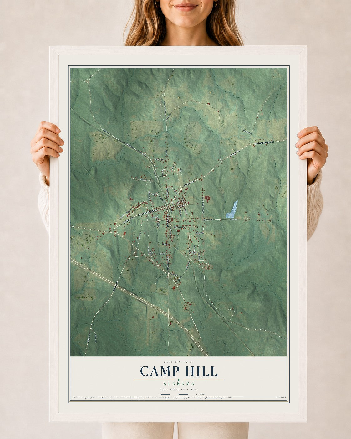 Map of Camp Hill, Alabama, 24 x 36 inch print in a white wood frame