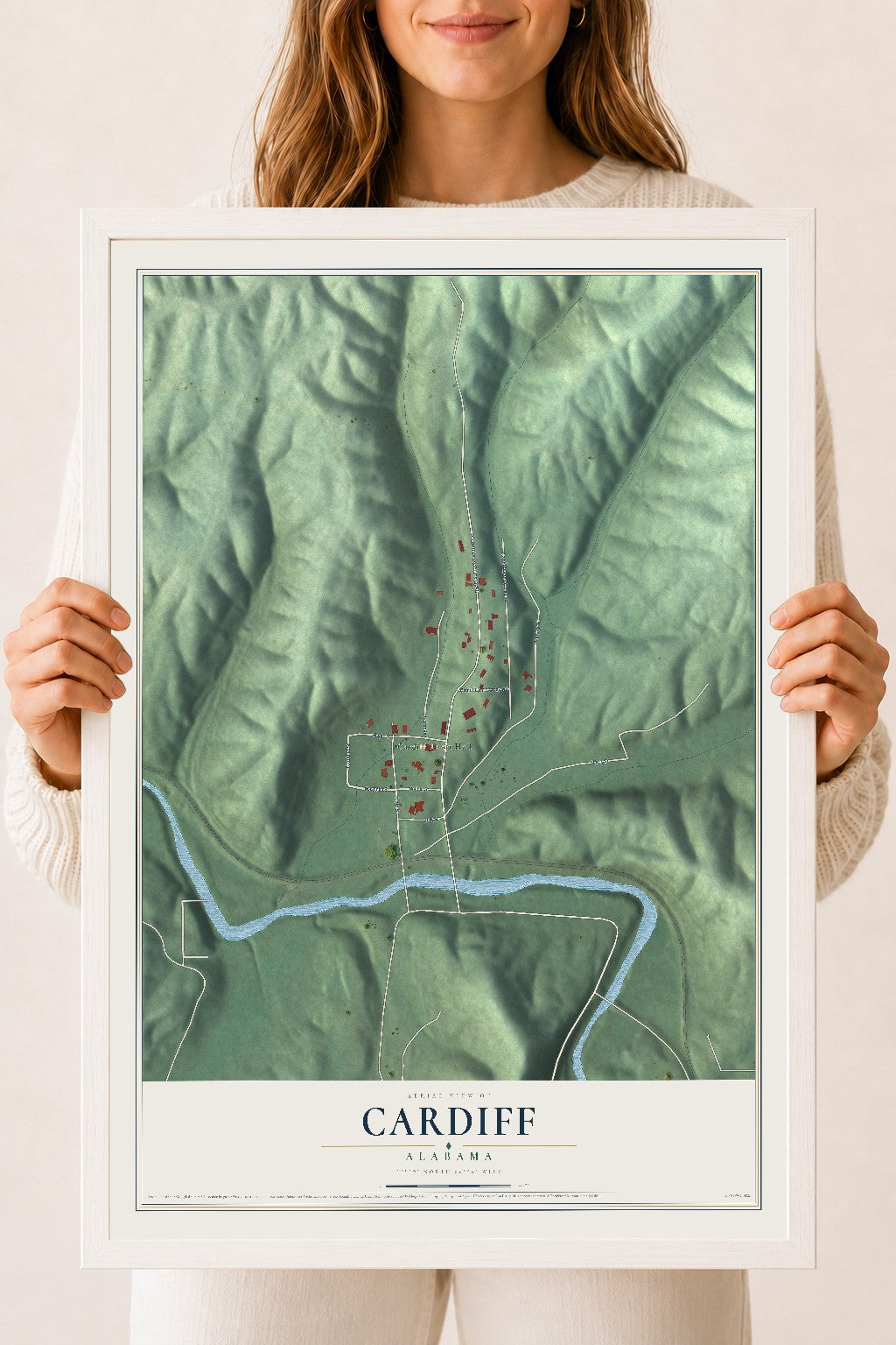 Map of Cardiff, Alabama, 18 x 24 inch print in a white wood frame