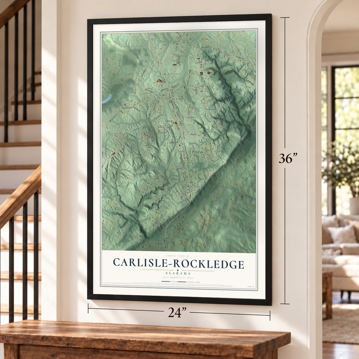 Carlisle-Rockledge, Alabama map, 24 x 36 inch print in a black frame by a staircase