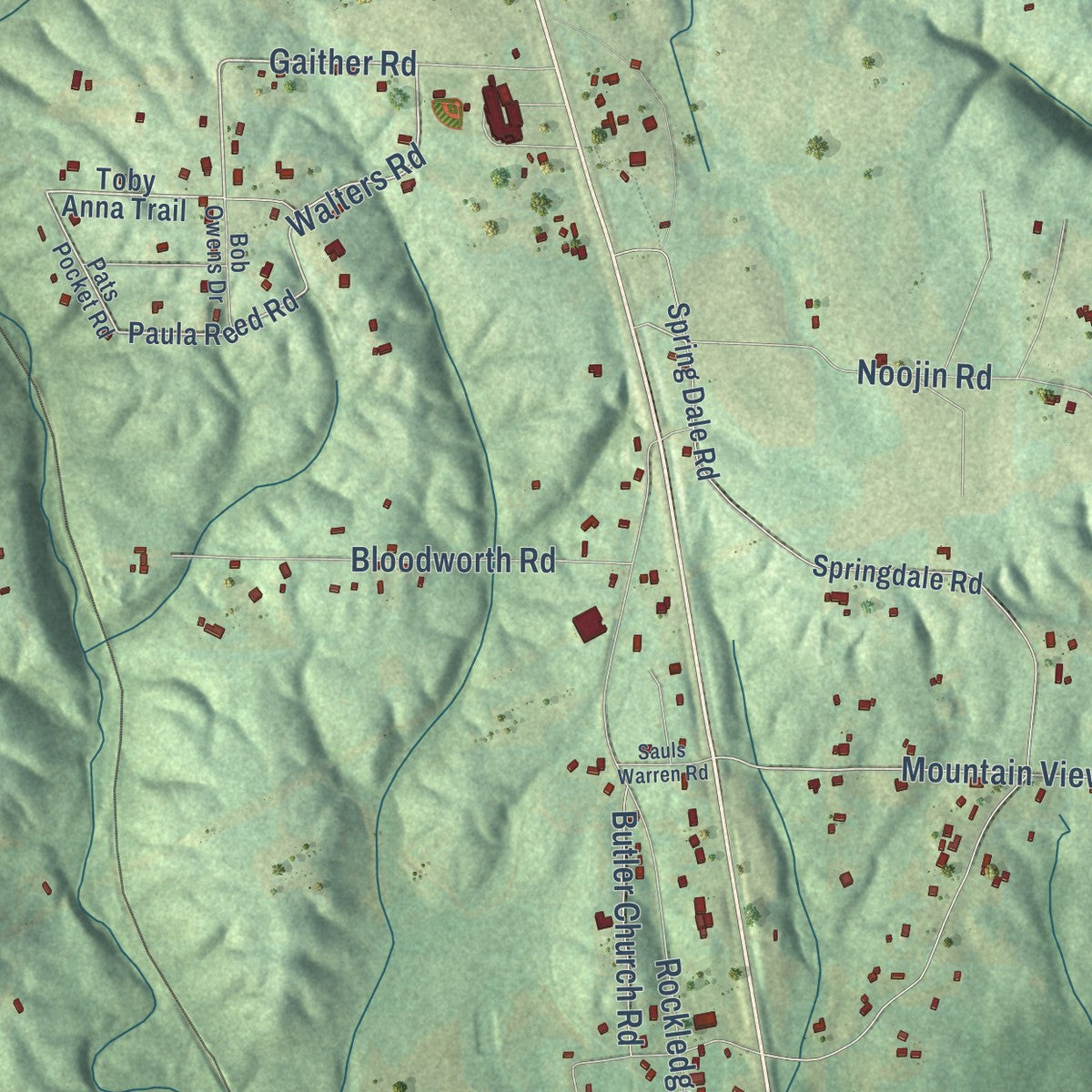Close-up of the map of Carlisle-Rockledge, Alabama print showing street and building detail