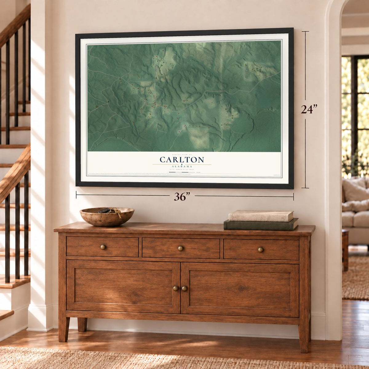 Carlton, Alabama map, 24 x 36 inch print in a black frame above a dresser by a staircase