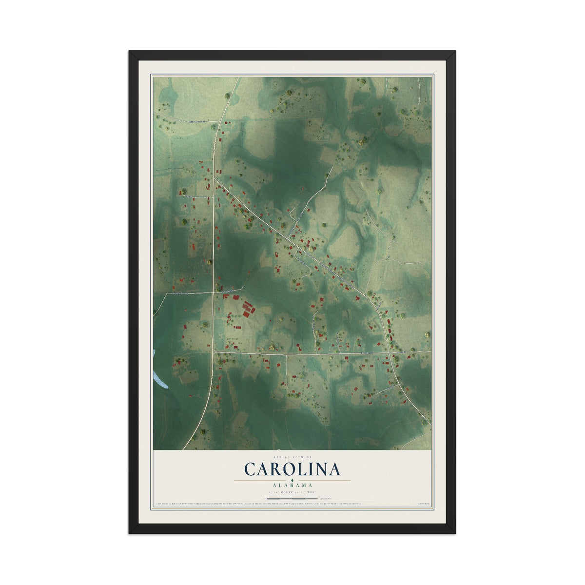 Map of Carolina, Alabama, 12 x 18 inch print in a black wood frame