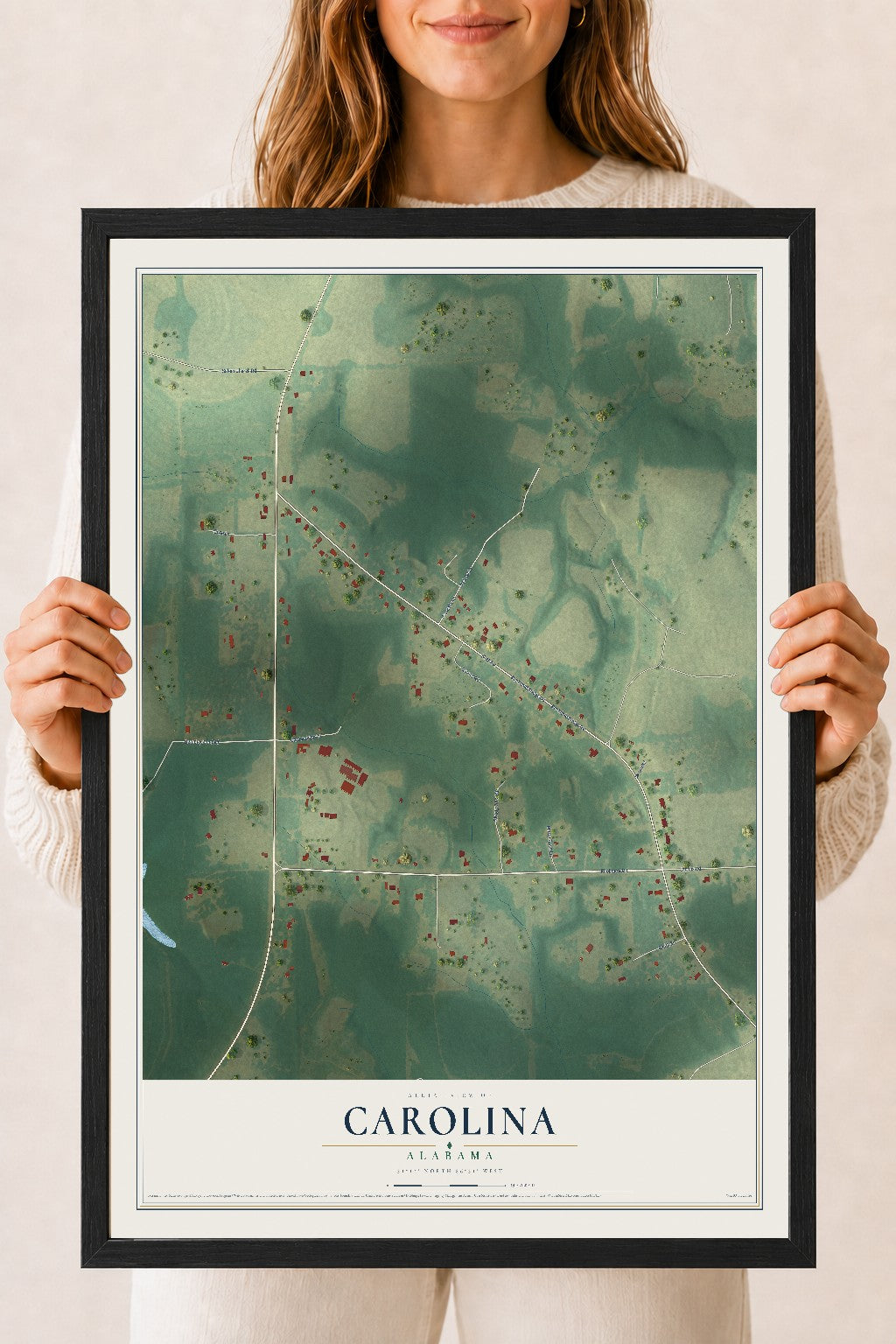 Map of Carolina, Alabama, 18 x 24 inch print in a black wood frame
