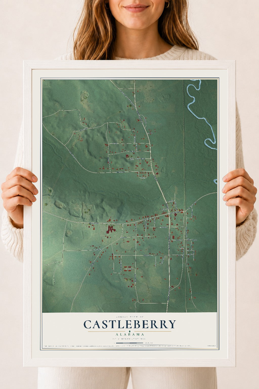 Map of Castleberry, Alabama, 18 x 24 inch print in a white wood frame