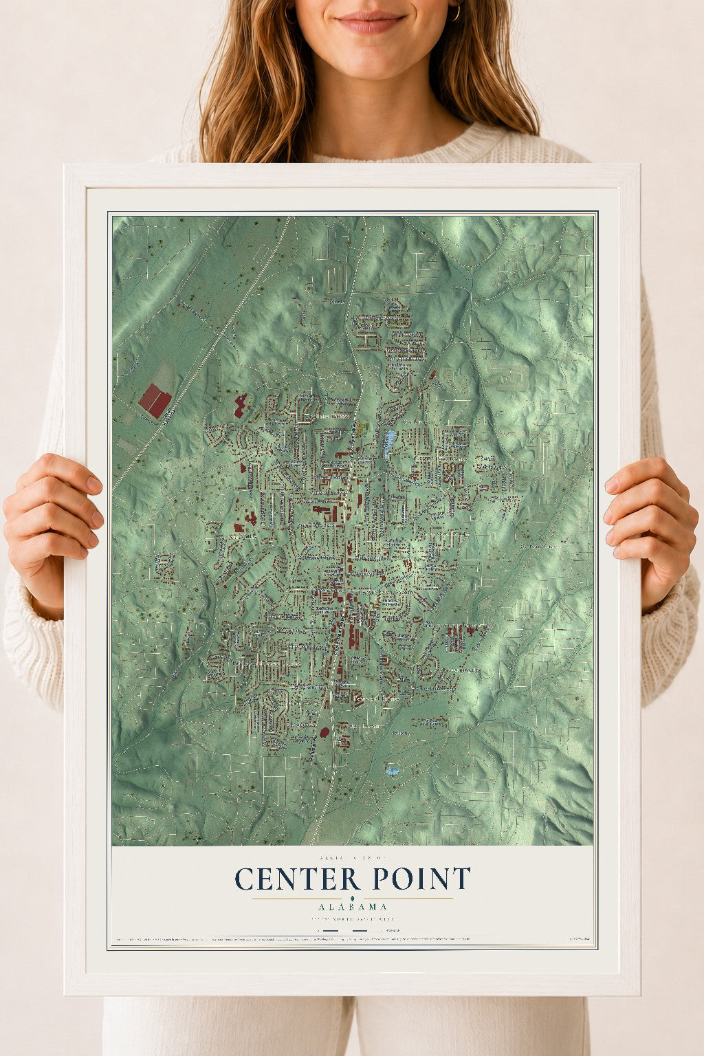 Map of Center Point, Alabama, 18 x 24 inch print in a white wood frame