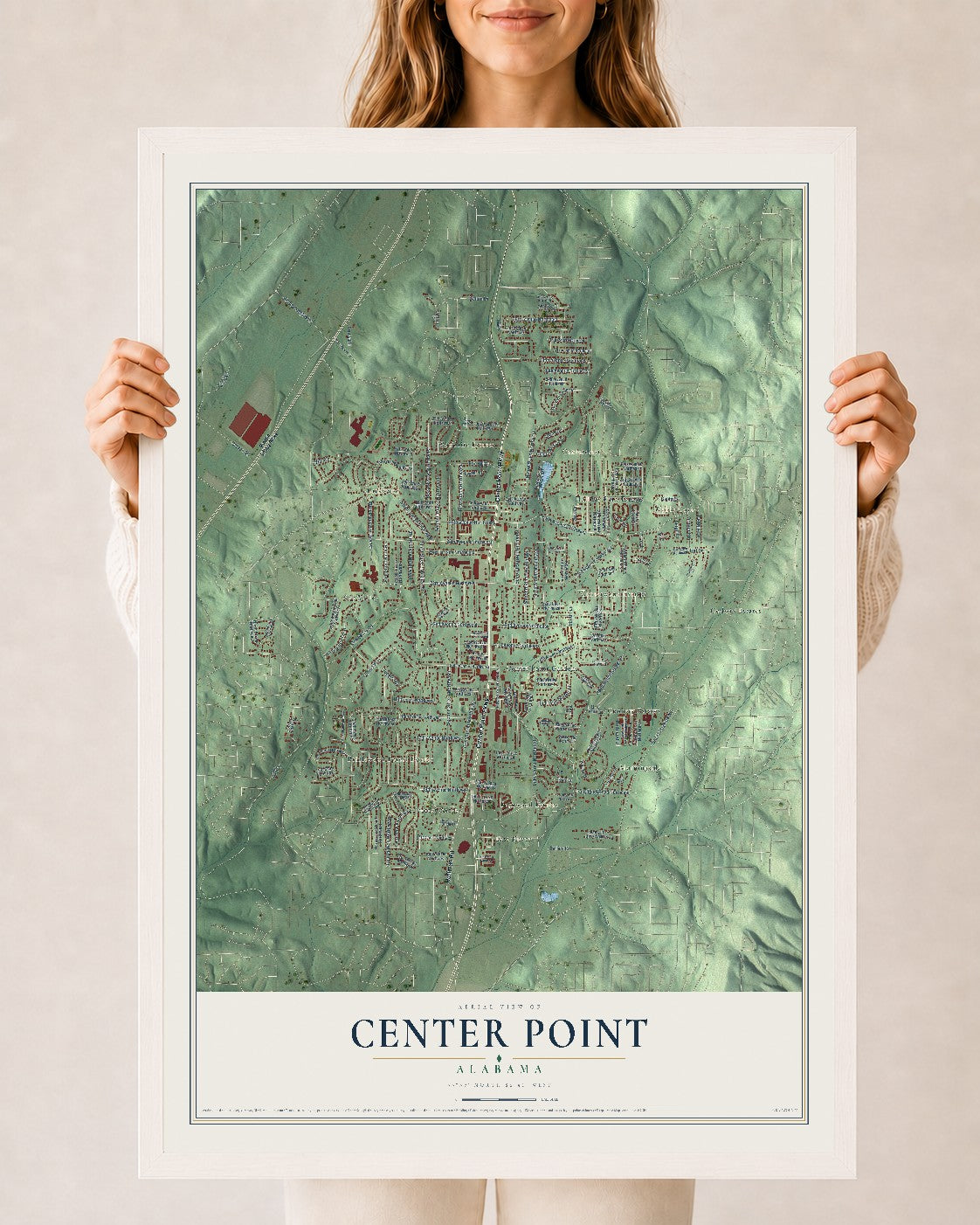 Map of Center Point, Alabama, 24 x 36 inch print in a white wood frame