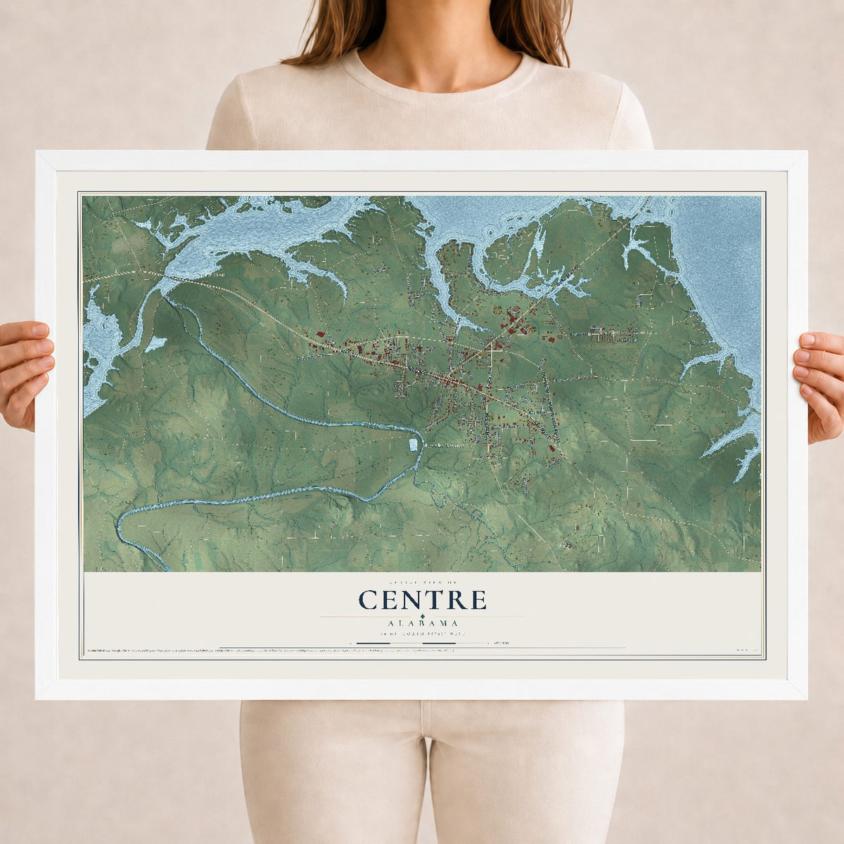 Map of Centre, Alabama, 18 x 24 inch print in a white wood frame