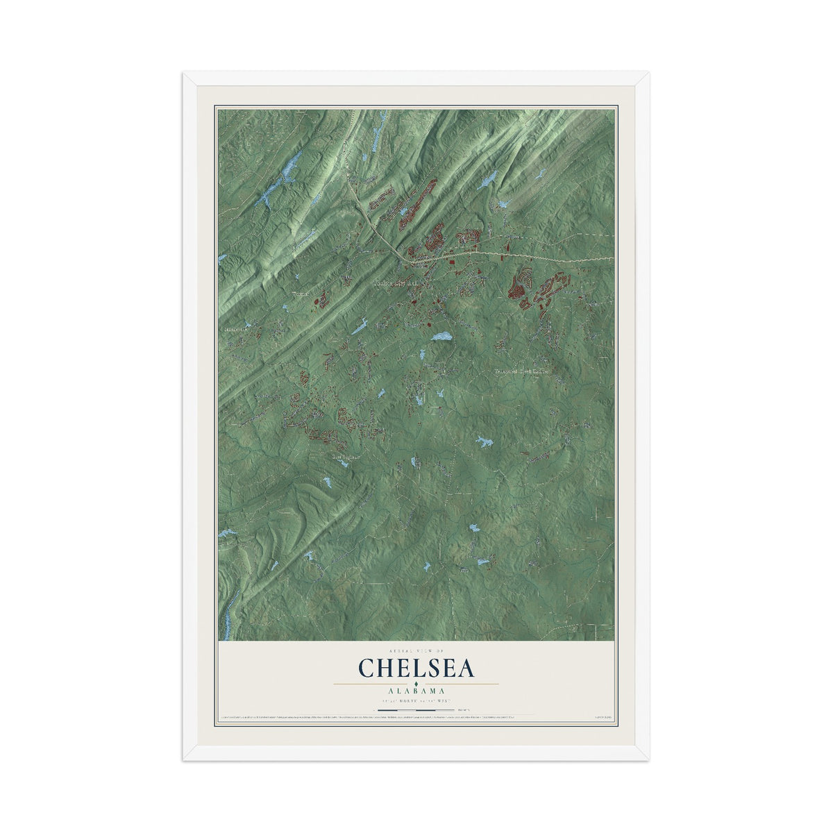 Map of Chelsea, Alabama, 12 x 18 inch print in a white wood frame
